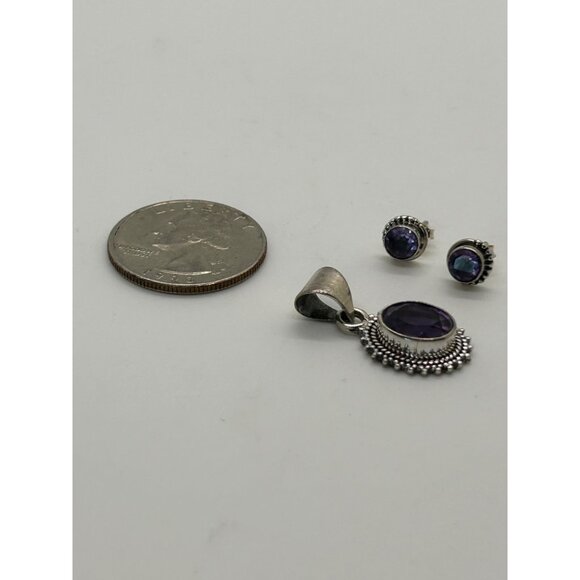 Sterling Silver Amethyst Pendant Earrings Set February Birthstone Minimalist - Picture 7 of 9